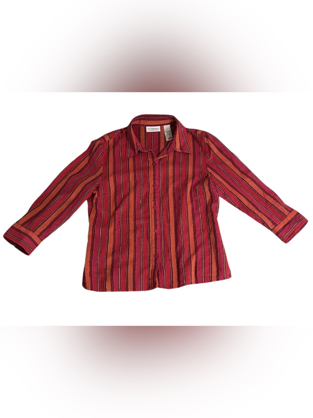 Vintage Villager Striped Textured Cotton Button Down Shirt | Red/Multi | S